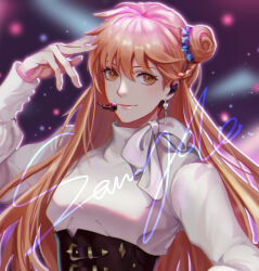 Rule 34 | alternate costume, blurry, blurry background, bow, braid, brown hair, chinese commentary, crown braid, earrings, grey bow, grey sweater, hair bun, headset, highres, hoki11, jewelry, light particles, long hair, looking at viewer, quan zhi gao shou, single side bun, smile, su mucheng, sweater, underbust, very long hair
