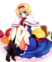 Rule 34 | 1girl, alice margatroid, blonde hair, blue eyes, capelet, clothes pull, dress, dressing, female focus, frills, frown, hairband, night-moon, pantyhose, pantyhose pull, pillow, solo, stuffed animal, stuffed toy, teddy bear, touhou