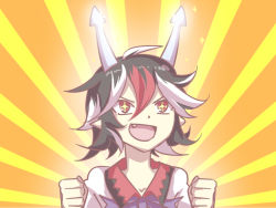 Rule 34 | 1girl, arrow (symbol), black hair, bow, clenched hands, dress, fang, grey horns, guuchama, horns, kijin seija, multicolored hair, open mouth, red eyes, red hair, short hair, smile, solo, sparkling eyes, streaked hair, touhou, white hair