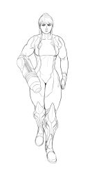 Rule 34 | 1girl, arm cannon, armor, bad id, bad tumblr id, bodysuit, boots, breasts, commentary, greaves, greyscale, highres, knee boots, lineart, long hair, medium breasts, metroid, monochrome, muscular, muscular female, nikcesco, nintendo, ponytail, samus aran, sidelocks, solo, toned, weapon, zero suit