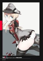 Rule 34 | 10s, 1girl, anchor hair ornament, ass, bad id, bad pixiv id, black thighhighs, blonde hair, cross, green eyes, hair ornament, hat, iron cross, kantai collection, kneeling, low twintails, microskirt, military, military hat, military uniform, panties, peaked cap, prinz eugen (kancolle), shigino sohuzi, skirt, solo, thighhighs, torn clothes, twintails, underwear, uniform, white panties
