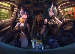Rule 34 | 3girls, animal ears, arknights, bare shoulders, black gloves, blonde hair, breasts, burger, buri (retty9349), car, car interior, commentary request, eating, food, gloves, green hair, hair between eyes, has bad revision, has downscaled revision, hat, highres, horns, hoshiguma (arknights), huge filesize, large breasts, long hair, looking at viewer, md5 mismatch, motor vehicle, multiple girls, resolution mismatch, single horn, sitting, skin-covered horns, sleeveless, source smaller, swire (arknights), tiger ears