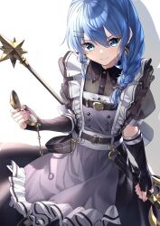 Rule 34 | 1girl, absurdres, bardiche (weapon), black gloves, blue eyes, blue hair, blush, braid, commentary request, earrings, fingerless gloves, flat chest, gloves, hair between eyes, halberd, highres, holding, holding pocket watch, holding weapon, hololive, hoshimachi suisei, hoshimachi suisei (maid), jewelry, long hair, looking at viewer, maid, pink nails, pocket watch, polearm, sidelocks, simple background, single braid, smile, solo, tsurupy, virtual youtuber, watch, weapon, white background