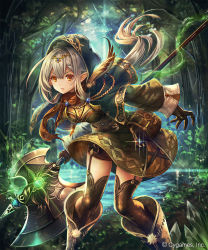 Rule 34 | 1girl, axe, battle axe, black gloves, black thighhighs, breasts, brown feathers, brown shorts, dress, feathers, floating hair, forest, garter straps, gloves, green dress, highres, holding, holding weapon, leaning forward, long hair, madogawa, medium breasts, nature, outdoors, pointy ears, shadowverse, short dress, shorts, shorts under dress, silver hair, solo, standing, thighhighs, tree, very long hair, weapon, yellow eyes