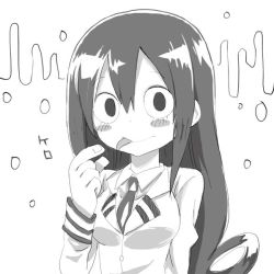 Rule 34 | 10s, 1girl, asui tsuyu, bad id, bad twitter id, boku no hero academia, commentary, greyscale, hair rings, long hair, low-tied long hair, monochrome, necktie, sankakuhead, school uniform, simple background, solo, text focus, tongue, translated, white background
