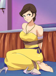 Rule 34 | absurdres, arms behind back, bdsm, bondage, bound, bound ankles, bound arms, breasts, brown eyes, brown hair, cleavage, dress, highres, large breasts, lipstick, lost one zero, lupin iii, makeup, medium breasts, mine fujiko, rope, yellow dress