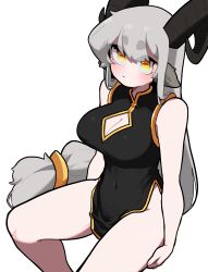 Rule 34 | 1girl, absurdres, animal ears, bare shoulders, black dress, bolt (min lona), breasts, china dress, chinese clothes, cleavage, cleavage cutout, clothing cutout, dress, goat ears, goat girl, goat horns, grey hair, groin, highres, horns, invisible chair, large breasts, long hair, min lona, original, rectangular pupils, simple background, sitting, sleeveless, sleeveless dress, solo, thick eyebrows, very long hair, white background, yellow eyes