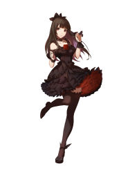 Rule 34 | 1girl, absurdres, asymmetrical footwear, black dress, black footwear, black hair, black thighhighs, blunt bangs, breasts, brown eyes, collarbone, dress, expressionless, frilled cuffs, frilled dress, frilled thighhighs, frills, full body, high heels, highres, long hair, medium breasts, mismatched footwear, original, petticoat, shoes, simple background, solo, standing, standing on one leg, thighhighs, white background, wrist cuffs, x-red flower