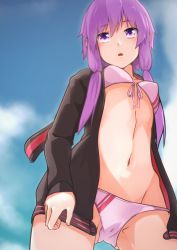 Rule 34 | 1girl, :o, animal hood, bikini, blush, breasts, rabbit hood, collarbone, cowboy shot, from below, front-tie bikini top, front-tie top, hood, hood down, hoodie, long hair, long sleeves, low twintails, navel, open clothes, open hoodie, open mouth, purple bikini, purple eyes, purple hair, purple ribbon, ribbon, shirosaki rio, small breasts, solo, standing, stomach, swimsuit, twintails, vocaloid, voiceroid, yuzuki yukari