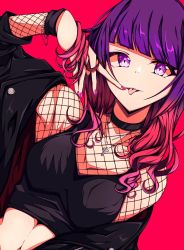Rule 34 | 1girl, absurdres, armpits, commentary, diagonal bangs, dutch angle, fishnet top, fishnets, goth fashion, gothic, gradient hair, hair down, highres, idolmaster, idolmaster shiny colors, jacket, kakuzatou (cubesugar03196), leather, leather jacket, long hair, looking at viewer, midriff, multicolored hair, nail polish, navel, open clothes, open jacket, purple eyes, purple hair, purple nails, red background, solo, tanaka mamimi, tongue, tongue out