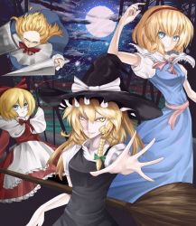 Rule 34 | 2girls, alice margatroid, apron, bad id, bad pixiv id, blonde hair, blue eyes, broom, cloud, doll, female focus, forehead, full moon, grin, hairband, hat, hourai doll, kaeasiro nitori, kirisame marisa, moon, multiple girls, night, night sky, outstretched hand, shanghai doll, sky, slit pupils, smile, star (sky), starry sky, string, touhou, witch, witch hat, yellow eyes