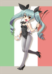 Rule 34 | 10s, 1girl, :d, anchovy (girls und panzer), animal ears, bare shoulders, blush, brown eyes, detached collar, drill hair, drop shadow, fake animal ears, full body, girls und panzer, green eyes, grey pantyhose, hair ribbon, high heels, holding, holding riding crop, italian flag, katahira masashi, leotard, long hair, looking at viewer, necktie, open mouth, pantyhose, playboy bunny, rabbit ears, rabbit girl, rabbit tail, ribbon, riding crop, smile, solo, tail, twin drills, twintails, wrist cuffs