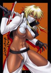 Rule 34 | 00s, 1girl, abs, arrancar, bang-you, bleach, blonde hair, breasts, colored eyelashes, covered erect nipples, dark-skinned female, dark skin, eyelashes, gloves, green eyes, highres, hollow (bleach), large breasts, long hair, navel, no panties, number tattoo, revealing clothes, shiny skin, solo, sword, tattoo, tier harribel, underboob, weapon