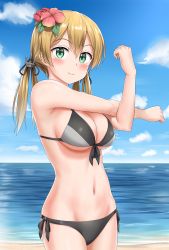 Rule 34 | 10s, 1girl, absurdres, anchor hair ornament, beach, bikini, blonde hair, blush, breasts, cloud, day, flower, green eyes, grey bikini, hair flower, hair ornament, highres, kantai collection, looking at viewer, medium breasts, mismatched bikini, navel, nedia (nedia region), ocean, outdoors, prinz eugen (kancolle), raised fist, sand, side-tie bikini bottom, smile, solo, swimsuit, twintails, upper body