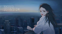 Rule 34 | 1girl, artist name, bad id, bad pixiv id, bracelet, brown eyes, brown hair, building, city, cityscape, closed mouth, earrings, highres, jewelry, light smile, lipstick, lococo:p, looking at viewer, looking back, makeup, mole, mole under eye, night, original, outdoors, red lips, revision, shirt, signature, skyscraper, solo, white shirt