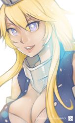 Rule 34 | 1girl, aurahack, blonde hair, blue eyes, breasts, cleavage, highres, iowa (kancolle), kantai collection, large breasts, lips, long hair, looking at viewer, open mouth, patreon username, smile, solo, star-shaped pupils, star (symbol), symbol-shaped pupils, teeth, upper body, upper teeth only, watermark, web address