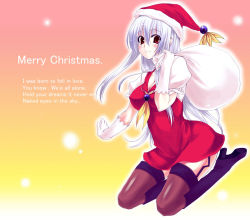 Rule 34 | 1girl, bag, breasts, christmas, cleavage, elbow gloves, english text, engrish text, female focus, garter straps, gloves, high heels, kamishirasawa keine, ranguage, red eyes, santa costume, shoes, silver hair, solo, thighhighs, touhou, white gloves