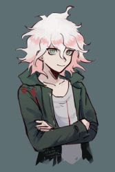 Rule 34 | 1boy, absurdres, artist logo, artist name, brown eyes, closed mouth, collarbone, commentary, cropped torso, crossed arms, danganronpa (series), danganronpa 2: goodbye despair, english commentary, green eyes, grey shirt, highres, jacket, komaeda nagito, long sleeves, looking at viewer, male focus, open clothes, pastahands, print shirt, shirt, simple background, sketch, smile, solo, upper body, white hair