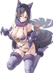 Rule 34 | 1girl, animal ears, bare shoulders, blush, breasts, claw pose, cleavage, cosplay, cropped, elbow gloves, fate/grand order, fate (series), fur-trimmed gloves, fur-trimmed legwear, fur collar, fur trim, gloves, halloween costume, highres, kneeling, large breasts, long hair, looking at viewer, low-tied long hair, mash kyrielight, mash kyrielight (dangerous beast), mash kyrielight (dangerous beast) (cosplay), minamoto no raikou (fate), mx2j, navel, o-ring, official alternate costume, parted bangs, purple eyes, purple gloves, purple hair, purple legwear, revealing clothes, simple background, smile, tail, very long hair, white background, wolf ears, wolf tail