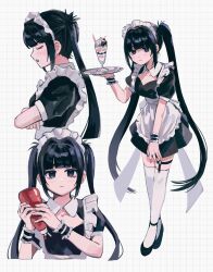 Rule 34 | 1girl, :&lt;, :3, :o, apron, black dress, black footwear, black hair, bottle, breasts, closed mouth, cropped torso, crossed arms, dress, expressionless, facing ahead, frilled apron, frills, full body, grid background, highres, holding, holding bottle, holding tray, inu dakisime, ketchup bottle, long hair, maid, maid headdress, medium breasts, multiple views, original, parfait, profile, shoes, short dress, sidelocks, simple background, smile, thigh strap, thighhighs, tray, twintails, very long hair, white apron, white background, white thighhighs, wrist cuffs