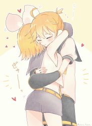 Rule 34 | 1boy, 1girl, = =, ahoge, armpits, arms around neck, arms around waist, back, bare shoulders, blonde hair, blush, bow, brother and sister, crop top, detached sleeves, closed eyes, hair bow, hands on another&#039;s back, headphones, headset, heart, hug, kagamine len, kagamine rin, leaning forward, midriff, sailor collar, shirt, short hair, short ponytail, short sleeves, shorts, siblings, sleeveless, sleeveless shirt, standing, tono kabeuchi, twins, vocaloid, white bow