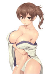 Rule 34 | 10s, 1girl, bare shoulders, breast hold, breasts, brown eyes, brown hair, cleavage, closed mouth, cowboy shot, hair between eyes, highres, kaga (kancolle), kantai collection, large breasts, looking at viewer, navel, no pants, off shoulder, open clothes, open shirt, panties, shirt, side ponytail, siesta (artist), simple background, solo, stomach, underwear, white background, white panties