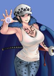 Rule 34 | 1girl, arm tattoo, black hair, blue background, breasts, canon genderswap, cape, chest tattoo, cleavage, cowboy shot, denim, earrings, female focus, fur cape, fur collar, genderswap, genderswap (mtf), grey eyes, grin, hat, highres, jeans, jewelry, katana, large breasts, no bra, one piece, pants, ryawise, short hair, sideboob, smile, solo, sweat, sword, tank top, tattoo, trafalgar law, weapon, white tank top, wide hips
