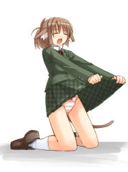 Rule 34 | 1girl, animal ears, blazer, blush, bow, bowtie, brown hair, cat ears, cat tail, closed eyes, clothes lift, dress shirt, fang, jacket, jirou (chekoro), kneeling, lifted by self, panties, pink panties, plaid, plaid skirt, school uniform, shirt, shoes, skirt, skirt lift, socks, solo, striped clothes, striped panties, tail, translated, underwear, unmoving pattern, white background