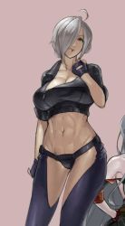 Rule 34 | 00s, 2girls, abs, ahoge, angel (kof), armpits, bare shoulders, belt, black panties, blue eyes, bra, breasts, chaps, cleavage, collarbone, cropped jacket, crossover, eu03, female focus, fingerless gloves, gloves, grin, hair over one eye, hand on own hip, huge breasts, large breasts, legs, lips, midriff, multiple girls, muscular, navel, open clothes, open shirt, panties, panty pull, selvaria bles, senjou no valkyria, senjou no valkyria (series), senjou no valkyria 1, shirt, short hair, silver hair, simple background, smile, snk, standing, the king of fighters, toned, underwear, unfinished, wide hips