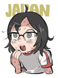 Rule 34 | 1girl, black hair, blush, cropped arm, cropped torso, english text, glasses, grey eyes, gym shirt, hair ornament, hairclip, hand to own mouth, hand up, looking ahead, messy hair, nervous sweating, open mouth, shirt, short hair, short sleeves, simple background, solo, suzuki suzu (urayasu tekkin kazoku), sweat, tirarizun, upper body, urayasu tekkin kazoku, v-shaped eyebrows, white background, white shirt, wide-eyed