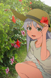 Rule 34 | 1girl, :d, absurdres, alternate costume, breasts, commentary request, film grain, flower, green eyes, grey hair, hat, hat flower, hibiscus, highres, index (toaru majutsu no index), long hair, looking at viewer, miniskirt, open mouth, outdoors, photo background, pleated skirt, shirt, short sleeves, sidelocks, skirt, small breasts, smile, solo, squatting, straw hat, sun hat, t-shirt, teruya (6w6y), thighs, toaru majutsu no index, white shirt