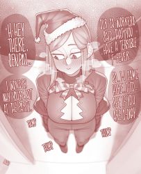 Rule 34 | 1girl, averting eyes, blush, bow, breasts, breath, cleavage cutout, clothing cutout, doorway, ekz (robotekz), english text, from above, fur, hat, heartbeat, highres, large breasts, long hair, looking down, monochrome, off shoulder, original, pov doorway, santa hat, sound effects, swept bangs