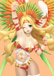 Rule 34 | 1girl, ;d, abs, antlers, arm ribbon, arm up, armpits, bare shoulders, bell, bell earrings, bikini, blonde hair, bow, bow bikini, breasts, clenched hands, collarbone, commentary request, contrapposto, cowboy shot, earrings, facial mark, fate/grand order, fate (series), feathers, floating hair, fur-trimmed bikini, fur trim, green eyes, hair bobbles, hair intakes, hair ornament, head tilt, headdress, horns, jewelry, long hair, looking at viewer, medium breasts, navel, one eye closed, open mouth, orange background, outstretched arm, quetzalcoatl (fate), quetzalcoatl (samba santa) (fate), ranma (kamenrideroz), red bikini, red bow, red ribbon, ribbon, simple background, smile, solo, standing, star (symbol), star facial mark, swimsuit, tassel, thigh gap, thighhighs, toned