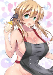Rule 34 | 10s, 1girl, absurdres, apron, aqua eyes, baby bottle, bare shoulders, blonde hair, blush, bottle, breasts, cleavage, green eyes, highres, kantai collection, large breasts, long hair, looking at viewer, naked apron, open mouth, prinz eugen (kancolle), sankakusui, smile, solo, twintails