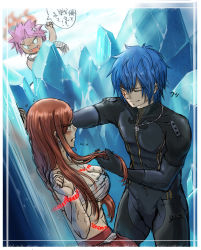 Rule 34 | 1girl, 2boys, against wall, anger vein, black bodysuit, blue hair, blush, bodysuit, breasts, brown hair, bruise, cleavage, clenched hand, earrings, erza scarlet, closed eyes, facial mark, fairy tail, fangs, highres, holding another&#039;s hair, injury, jellal fernandes, jewelry, large breasts, long hair, multiple boys, natsu dragneel, open mouth, pink hair, restrained, sarashi, scarf, siranta0819, speech bubble, spiked hair, standing, very long hair, white scarf
