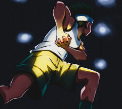 Rule 34 | 1boy, black background, child, clenched hand, fighting stance, fist in hand, gon freecss, green hair, green shorts, headband, highres, hunter x hunter, lights, male focus, shorts, simple background, spiked hair, tank top, titanartx, white headband, white tank top