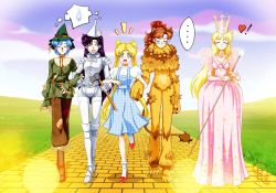 Rule 34 | !, ..., 5girls, :d, ^ ^, aino minako, animal costume, animal ears, armor, axe, bishoujo senshi sailor moon, blonde hair, blue eyes, blue hair, breasts, brick road, brown hair, cleavage, closed eyes, cloud, cosplay, cowardly lion, cowardly lion (cosplay), crossover, crown, dorothy gale, dorothy gale (cosplay), double bun, drachea rannak, dress, embarrassed, full body, funnel, glinda, glinda (cosplay), hair bun, happy, hat, heart, hino rei, kino makoto, lens flare, lion costume, locked arms, long hair, medium breasts, mizuno ami, multiple girls, notice lines, open mouth, parody, pink dress, ponytail, puffy short sleeves, puffy sleeves, purple hair, red footwear, running bond, scarecrow (twooz), scarecrow (twooz) (cosplay), sett, short hair, short sleeves, sky, smile, speech bubble, spoken ellipsis, spoken sweatdrop, staff, sweatdrop, tail, the wizard of oz, thought bubble, tin man, tin man (cosplay), tsukino usagi, twintails, very long hair, walking, wand, weapon, whiskers, white legwear, yellow brick road