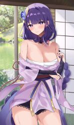 Rule 34 | 1girl, absurdres, bare shoulders, black panties, blush, braid, breasts, cleavage, closed mouth, collarbone, genshin impact, hair ornament, highres, japanese clothes, kimono, large breasts, long hair, long sleeves, looking at viewer, mole, mole under eye, panties, purple eyes, purple hair, raiden shogun, rim (ririm711), sarashi, sash, solo, thighs, underwear, very long hair