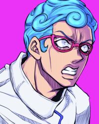 Rule 34 | 1boy, angry, blue hair, clenched teeth, curly hair, ghiaccio, glasses, highres, jojo no kimyou na bouken, male focus, pink background, red-framed eyewear, ruushii (lucy steel6969), solo, teeth, vento aureo, wide-eyed
