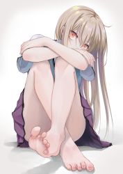 Rule 34 | 1girl, arms on knees, bad id, bad pixiv id, barefoot, blonde hair, blue vest, collared shirt, commentary request, convenient leg, crossed arms, crossed legs, feet, full body, hair between eyes, head tilt, highres, knees to chest, legs, long hair, looking at viewer, nail polish, on ground, orange eyes, pleated skirt, purple skirt, saiga (haigakiko 39), sakura-sou no pet na kanojo, school uniform, shadow, shiina mashiro, shirt, short sleeves, sidelocks, simple background, sitting, skirt, solo, sweater vest, toes, toes up, vest, white shirt