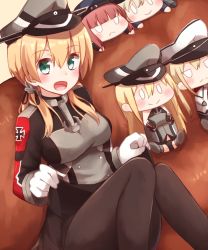 Rule 34 | 10s, 1girl, anchor, anchor hair ornament, bad id, bad pixiv id, bismarck (kancolle), black pantyhose, black skirt, blonde hair, character doll, couch, cross, gloves, graf zeppelin (kancolle), green eyes, hair ornament, hat, highres, iron cross, kantai collection, kapatarou, looking at viewer, low twintails, military, military hat, military uniform, open mouth, pantyhose, peaked cap, pleated skirt, prinz eugen (kancolle), skirt, twintails, uniform, white gloves, z1 leberecht maass (kancolle), z3 max schultz (kancolle)