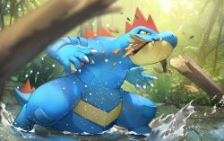 Rule 34 | biting, claws, closed mouth, commentary request, creatures (company), day, fangs, fangs out, feraligatr, game freak, gen 2 pokemon, nintendo, no humans, outdoors, pokemon, pokemon (creature), shin716, standing, tree, water, yellow eyes