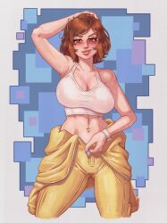 Rule 34 | 1girl, april o&#039;neil, bare shoulders, blush, bra, breasts, brown eyes, brown hair, cameltoe, cleavage, eyelashes, hand on own head, highres, jumpsuit, l0ngsword, large breasts, lips, looking at viewer, messy hair, midriff, navel, open jumpsuit, parted lips, short hair, smile, sports bra, sweat, sweaty clothes, tank top, teenage mutant ninja turtles, thick thighs, thighs, underwear, unzipping, watch, wristwatch, yellow jumpsuit