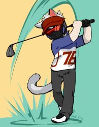 Rule 34 | 1boy, animal ears, animalization, bad id, bad twitter id, cat, cat ears, cat tail, commentary request, dated, full body, furrification, furry, furry male, gloves, golf club, lillu, male focus, mask, mouth mask, overwatch, overwatch 1, pants, shoes, short sleeves, single glove, soldier: 76 (overwatch), solo, swinging, tail, visor