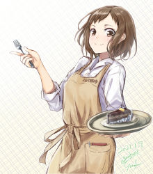 Rule 34 | 1girl, apron, bang dream!, blush, brown apron, brown background, brown eyes, brown hair, cake, closed mouth, collared shirt, commentary request, dated, food, fork, gurifu, hand up, hazawa tsugumi, highres, holding, holding fork, holding tray, long sleeves, looking at viewer, shirt, signature, smile, solo, tray, twitter username, white shirt