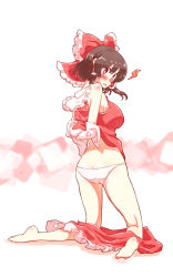 Rule 34 | 1girl, ^^^, ass, back, bad id, bad pixiv id, barefoot, bow, bra, bra peek, breasts, brown hair, butt crack, detached sleeves, female focus, from behind, full body, hair bow, hair tubes, hakurei reimu, highres, kneeling, looking at viewer, looking back, medium breasts, non (z-art), nontraditional miko, open mouth, panties, red eyes, short hair, sidelocks, simple background, skirt, unworn skirt, solo, surprised, touhou, underwear, undressing, v-shaped eyebrows, wavy mouth, white background, white panties