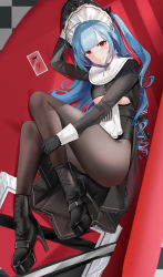 Rule 34 | 1girl, :q, absurdres, azur lane, black dress, black footwear, black gloves, blue hair, boots, breasts, brown pantyhose, card, checkered floor, clothing cutout, cross-laced footwear, drawing (object), dress, full body, gloves, high heel boots, high heels, highres, large breasts, long hair, looking at viewer, maid headdress, marco polo (azur lane), marco polo (the queen of hearts) (azur lane), official alternate costume, pantyhose, platform boots, platform footwear, playing card, qing wu, red eyes, solo, tongue, tongue out, underboob, underboob cutout