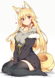 Rule 34 | 1girl, animal ears, arms between legs, bare shoulders, black thighhighs, blonde hair, blush, breasts, closed mouth, collarbone, commentary request, fox ears, fox tail, full body, hair between eyes, haruyuki (yukichasoba), heart, highres, long hair, long sleeves, looking at viewer, original, red eyes, simple background, smile, solo, sweater, tail, thighhighs, white background