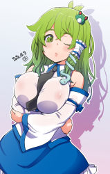 Rule 34 | 1girl, black necktie, blush, breasts, cleavage, collared shirt, dated, detached sleeves, frilled skirt, frills, frog hair ornament, green eyes, green hair, hair ornament, japanese clothes, kei jiei, kochiya sanae, large breasts, long hair, miko, necktie, nipples, no bra, nontraditional miko, one eye closed, shadow, shirt, simple background, skirt, snake hair ornament, solo, touhou, white background, white shirt