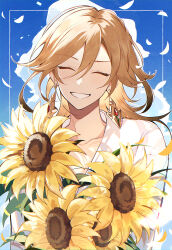 Rule 34 | 1boy, ^ ^, absurdres, blonde hair, blue sky, blush, closed eyes, cloud, collarbone, commentary request, day, earrings, flower, genshin impact, grin, hair between eyes, happy, highres, jewelry, kaveh (genshin impact), leaf, long hair, long sleeves, male focus, parted bangs, petals, shirt, sidelocks, sky, smile, solo, sunflower, teeth, upper body, white shirt, yellow flower, yui (linaw-key08)